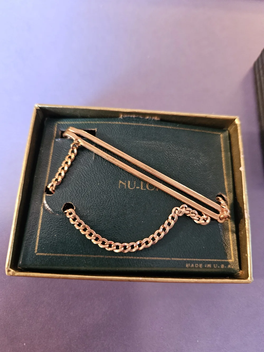 Vintage Nu-Lok Gold Tie Bar with Chain - Men's Accessory NIB